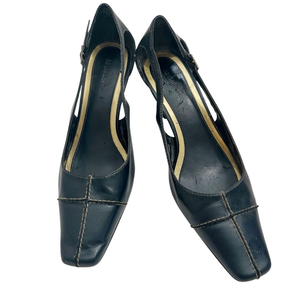 Liz Claiborne Size 8 Vintage Blue With Beige Stitching Marsha Leather Heels